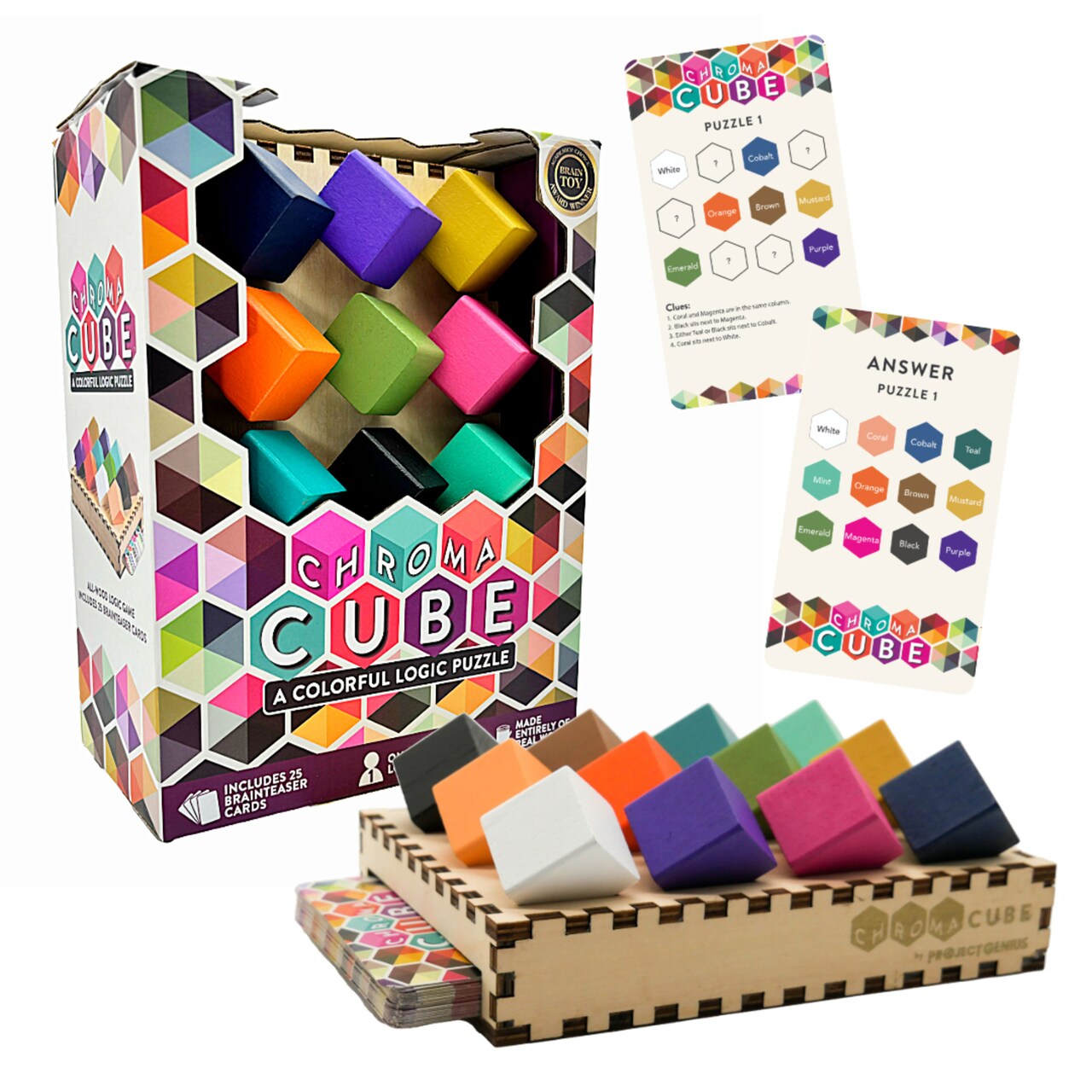Project Genius: Chroma Cube, A Colorful Logic 12 Wood Block Puzzle, 1 Player Logic Game